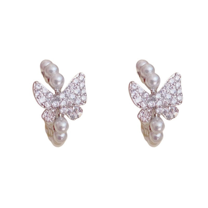 Luxury Zircon Butterfly & Pearl C-Shaped Hoop Earrings– Elegant Design
