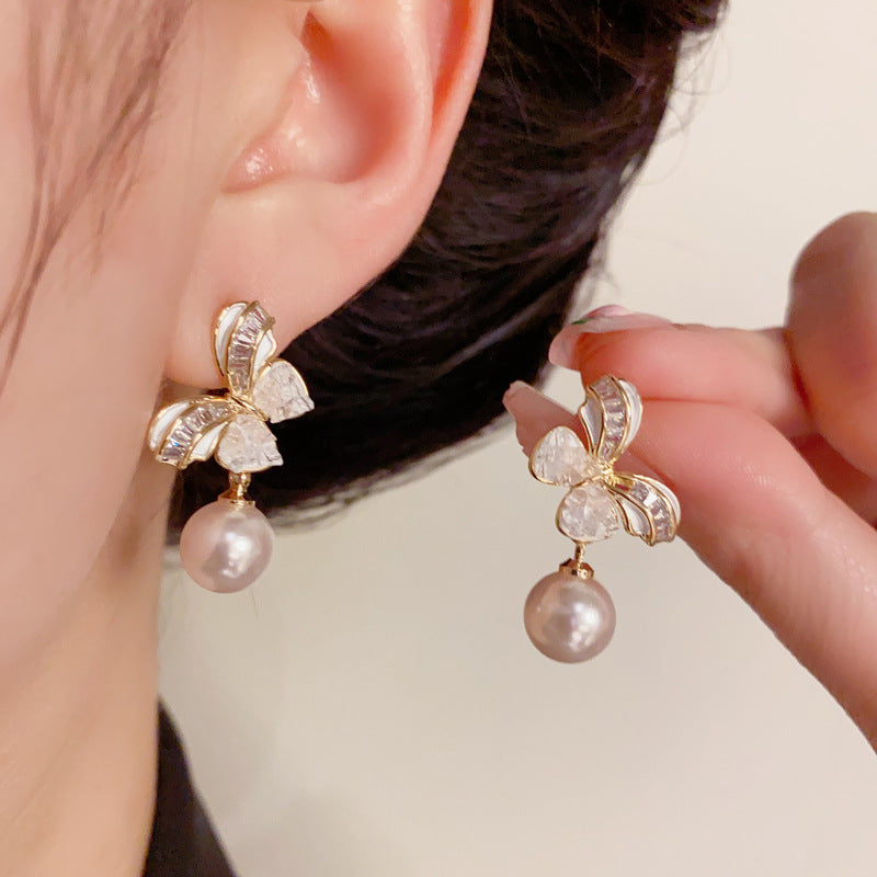 14K Gold-Plated Diamond Butterfly Pearl Drop Earrings – Elegant Design