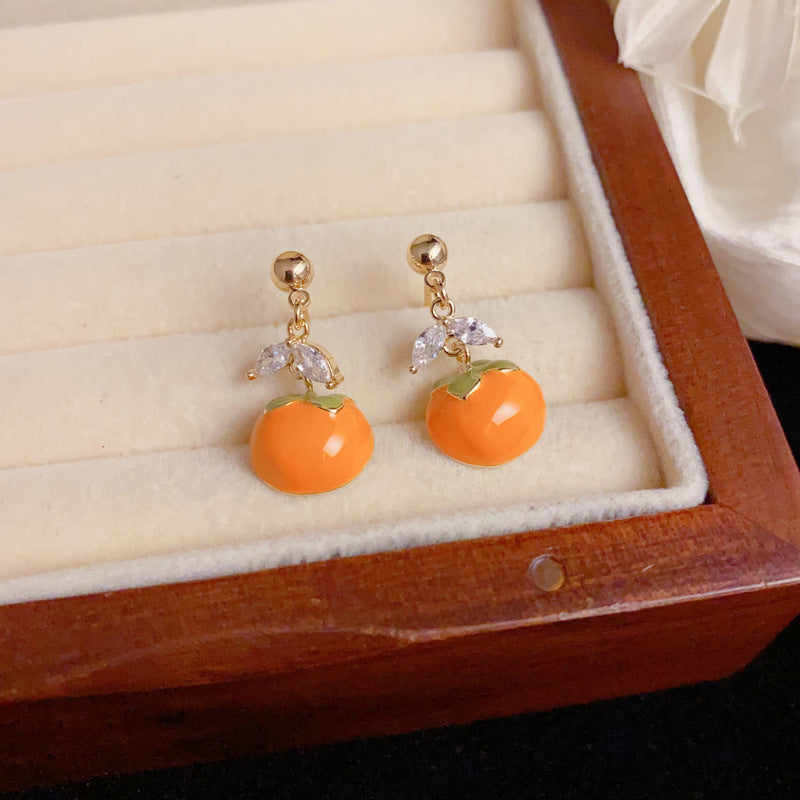 Elegant Enamel Persimmon Drop Gold Earrings – Fruit Design