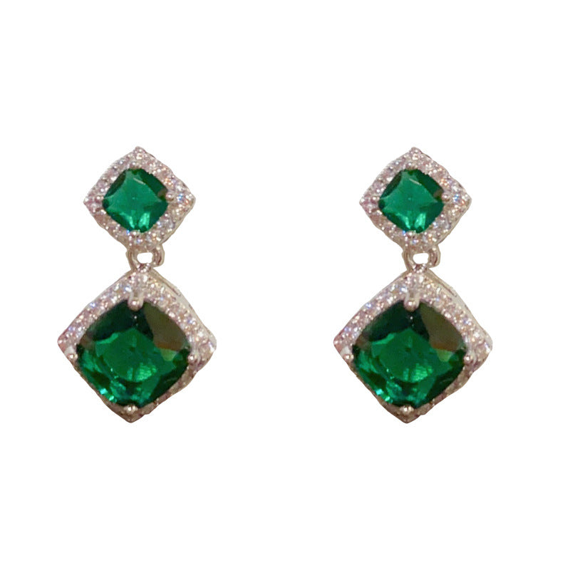 Elegant Square Emerald Zircon Drop Earrings – Geometric Design