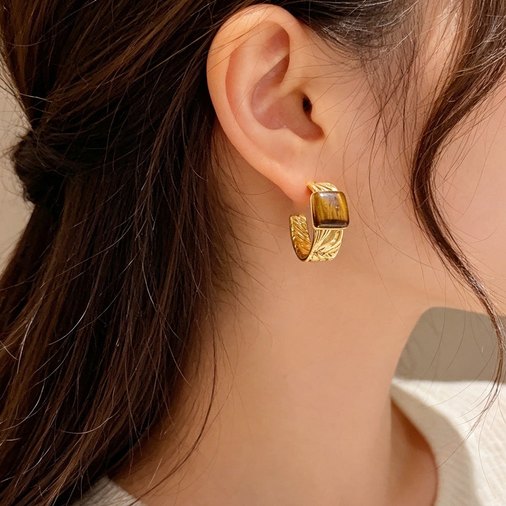 Eaioncol Square Tiger Eye Hoop Earrings 14K Gold Plated