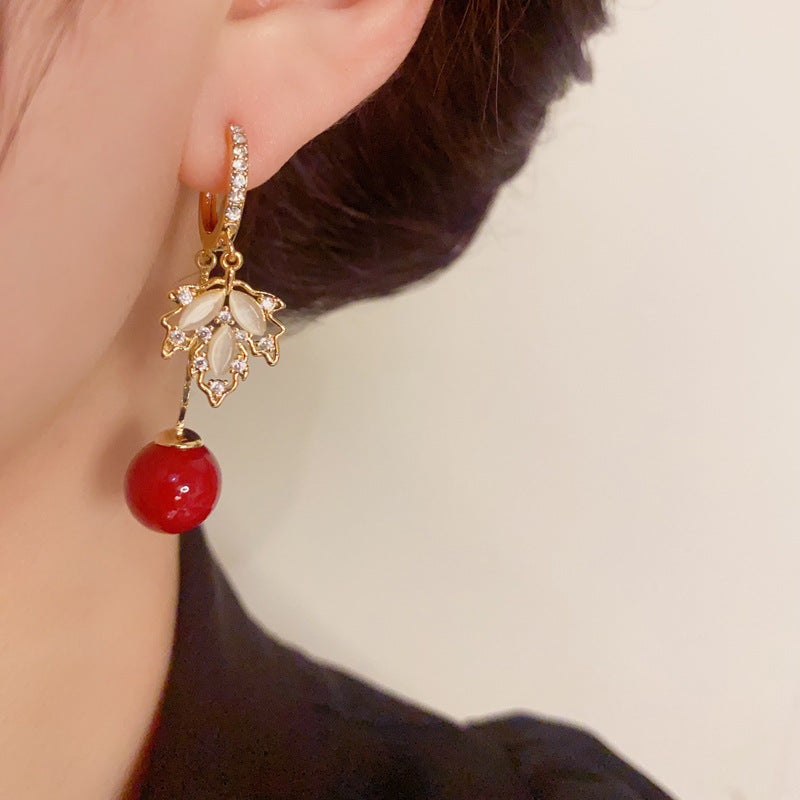 14K Gold-Plated Stone Maple Leaf Red Bead Earrings - Chic & Elegant