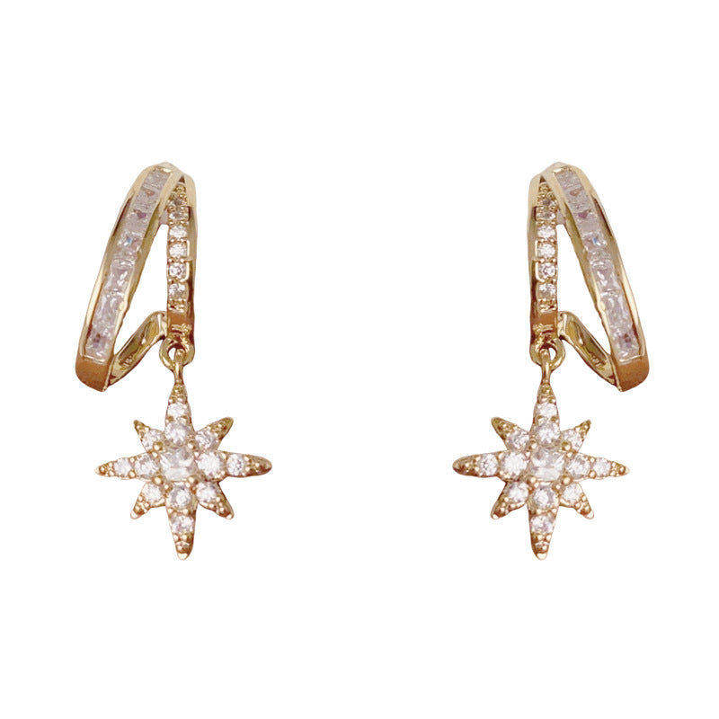 14K Gold Full Zircon Eight-Pointed Star Drop Earrings – Chic Design