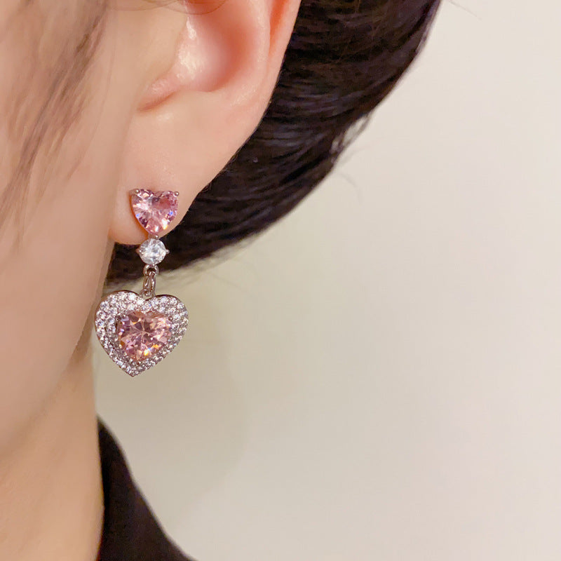 14K Gold Full Zircon Heart Tassel Earrings – Sparkling Elegant Style