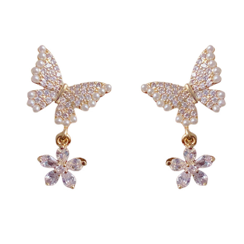 Elegant Pearl Zircon Butterfly Petal Drop Earrings – Romantic Design