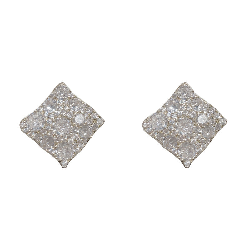 14K Gold Full Zircon Rhombus Stud Earrings- Chic Elegance Design