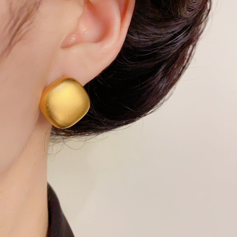 14K Gold Sandblasted Rhombus Stud Earrings – Modern Minimalist Design