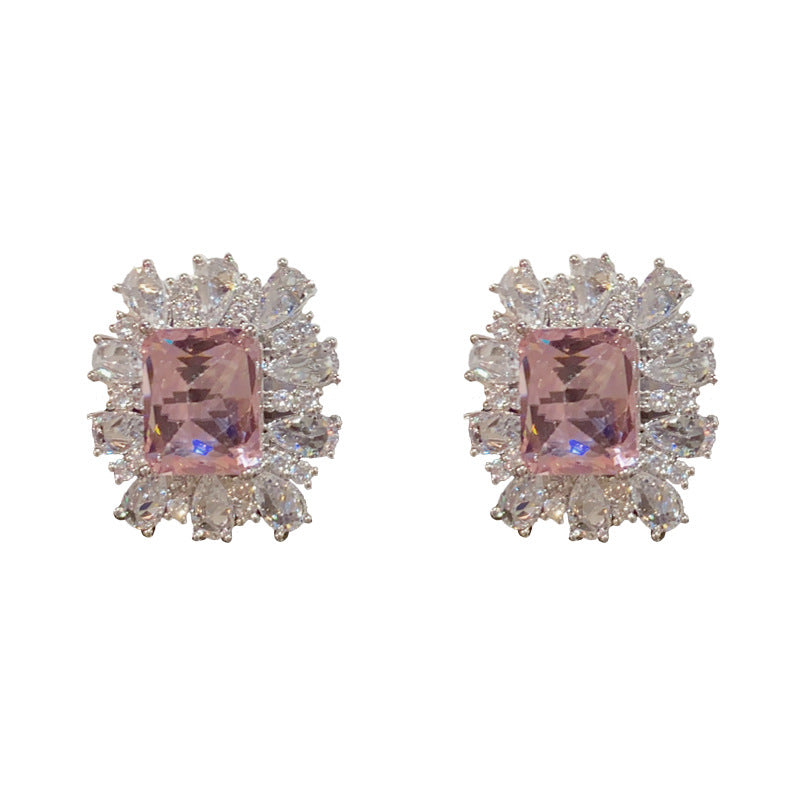 Silver-Plated Pink Square Stud Earrings - Dazzling Minimalist Design
