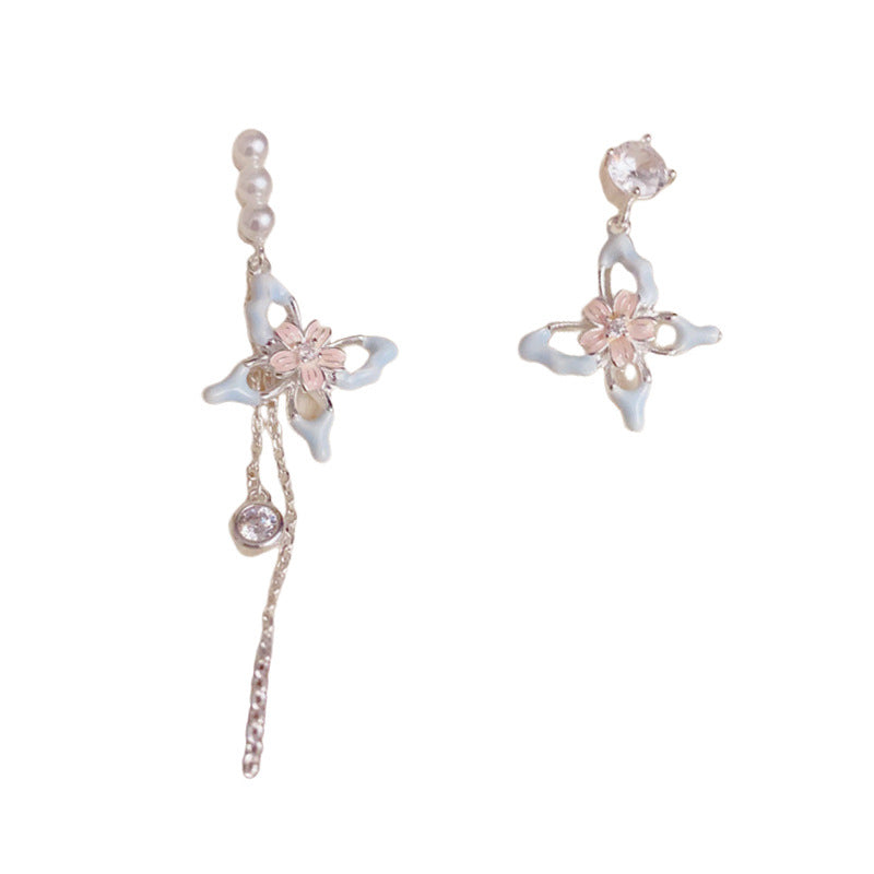 Enamel Flower & Butterfly Asymmetric Drop Earrings – Elegant Design