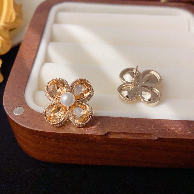 Luxury Coffee Zircon Pearl Petal Stud Earrings – Floral Design