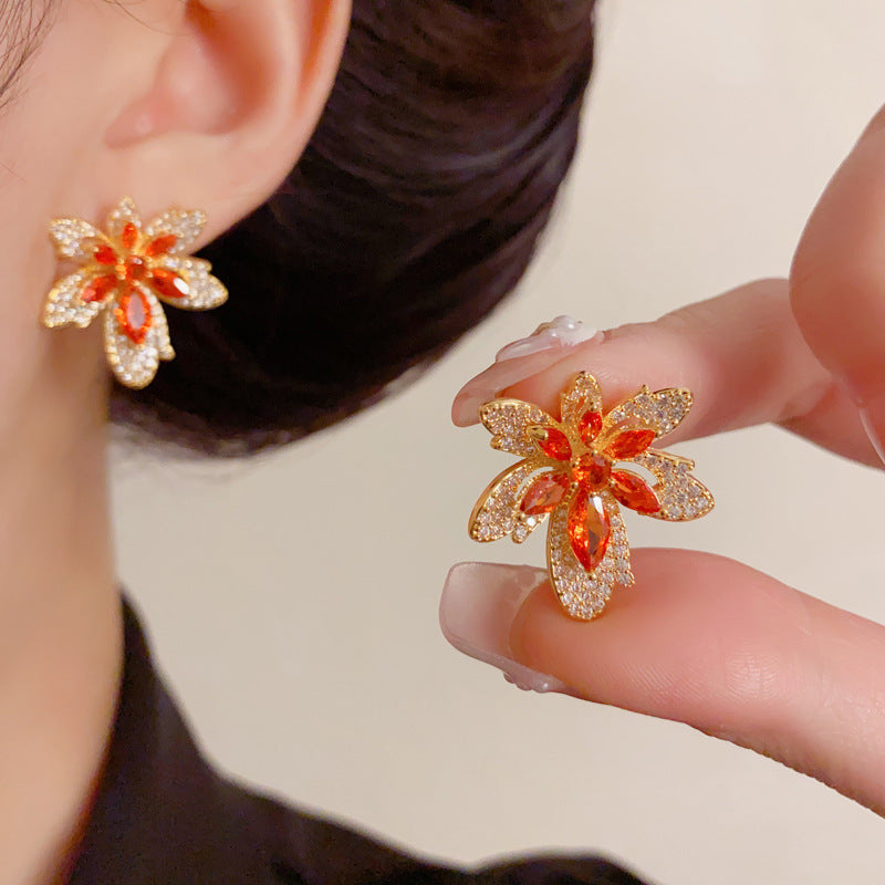 Luxury Micro-Inlaid Zircon Maple Leaf Stud Earrings – Floral Design