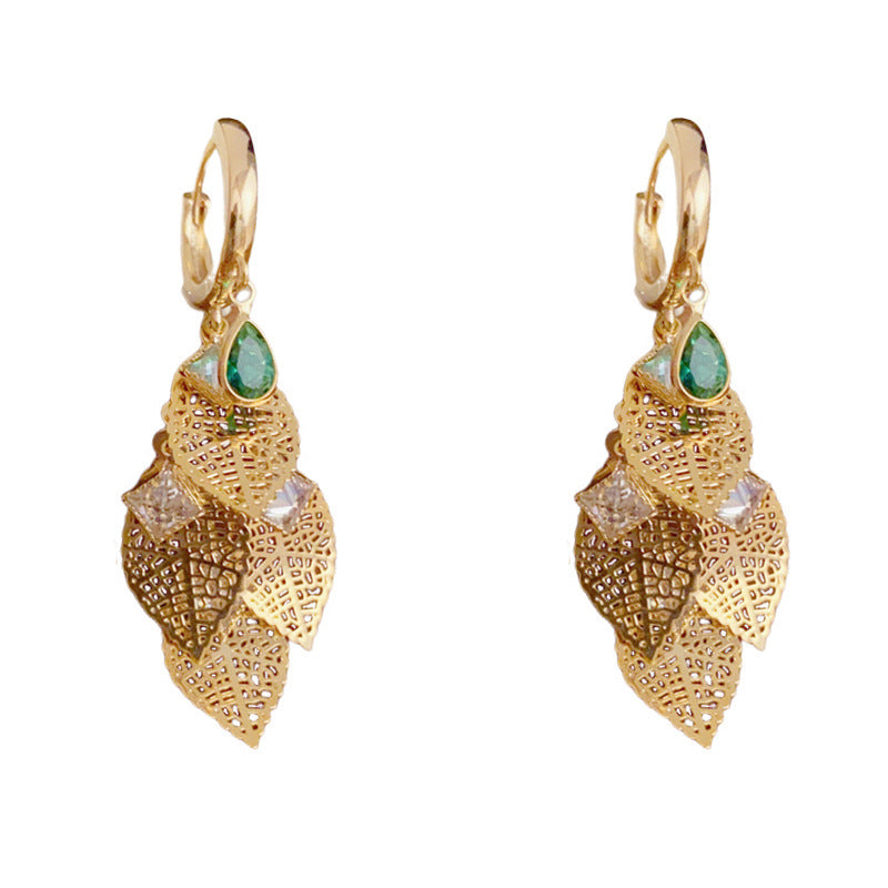 French-Style Hollow Metal Leaf Tassel Earrings – Elegant Floral Design