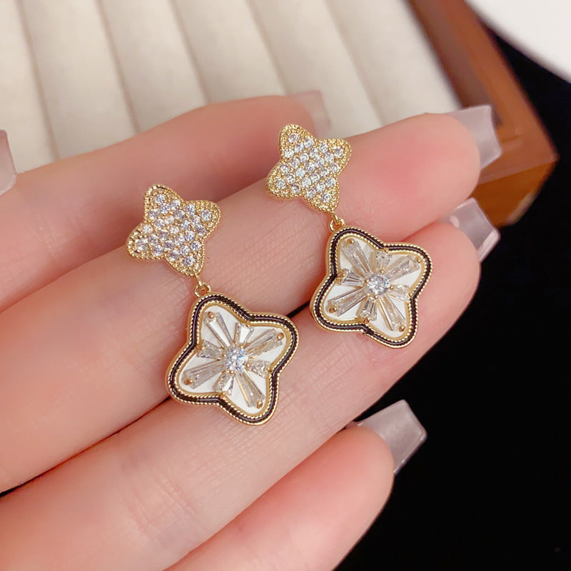 Eaioncol Four Leaf Clover CZ Drop Earrings Gold Silver