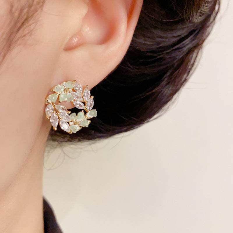 14K Gold-Plated Zircon Leaf Stud Earrings - Minimalist Chic Design