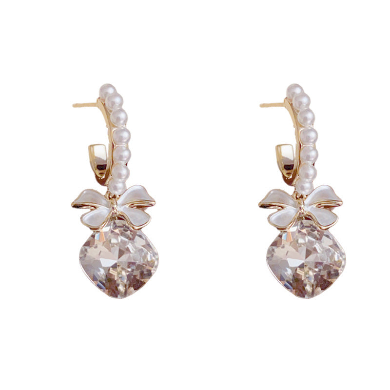 Luxury Bow Square Zircon & Pearl Drop Gold Earrings – Silver Needle