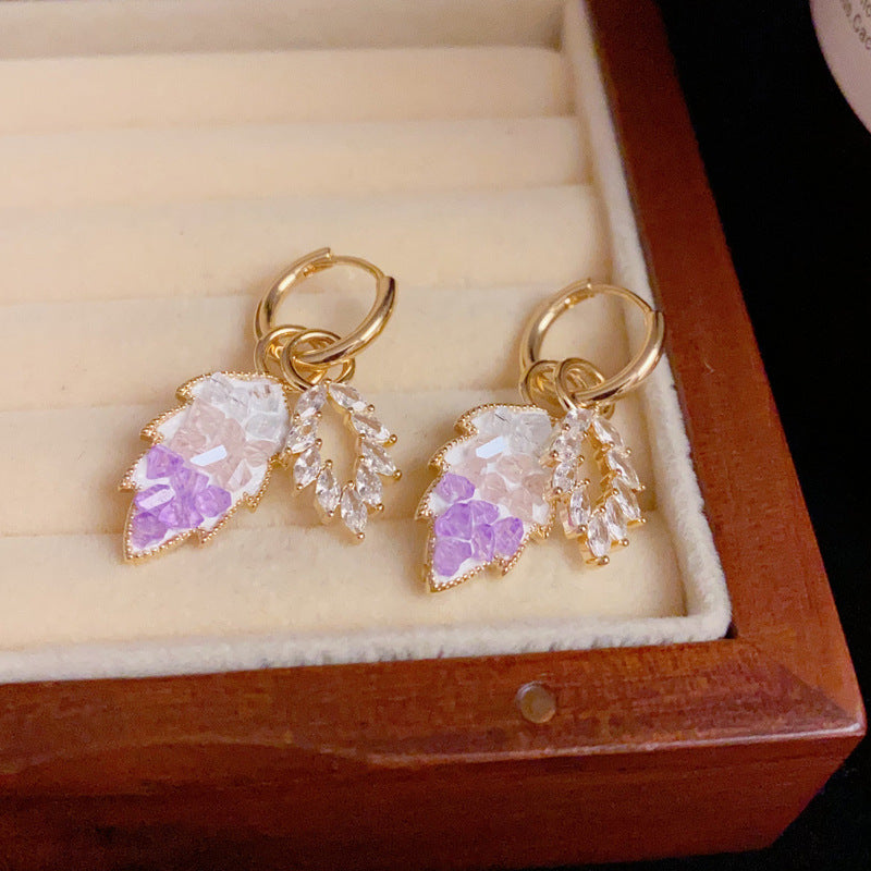 14K Gold Purple Full Zircon Leaf Tassel Earrings- Chic Elegance Design