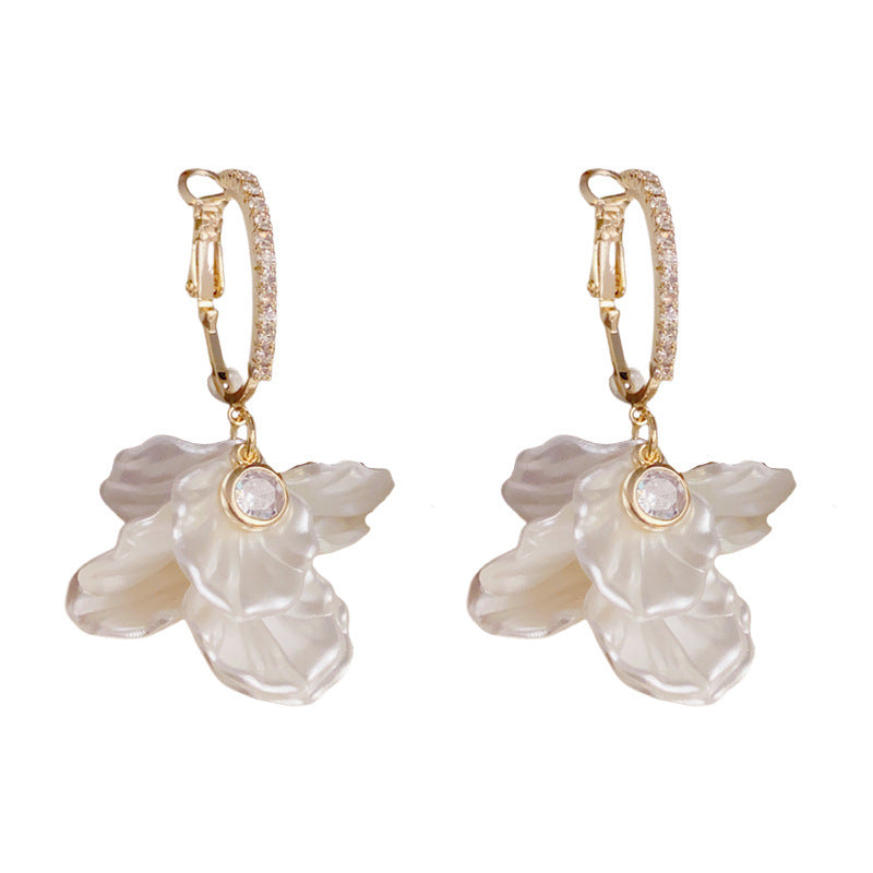 14K Gold Luxury Zircon White Petal Tassel Drop Earrings–Elegant Design