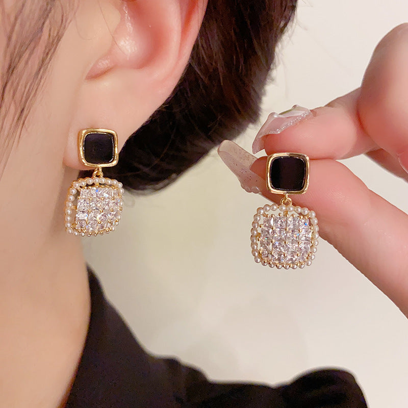 14K Gold-Plated Square Zircon Pearl Drop Earrings -Vintage Chic Design