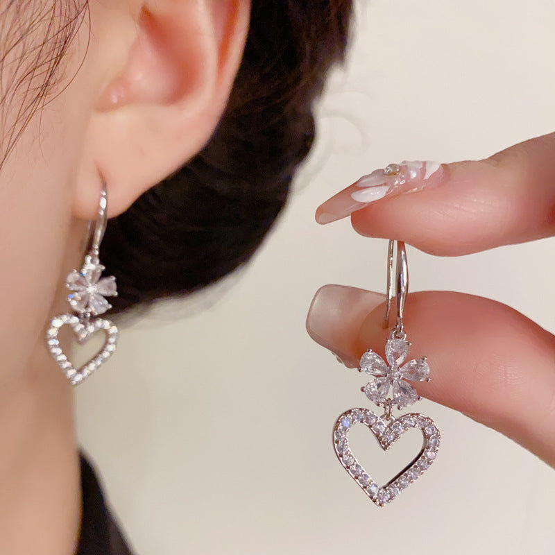 14K Gold Luxury Zircon Flower & Heart Drop Earrings – Elegant Design