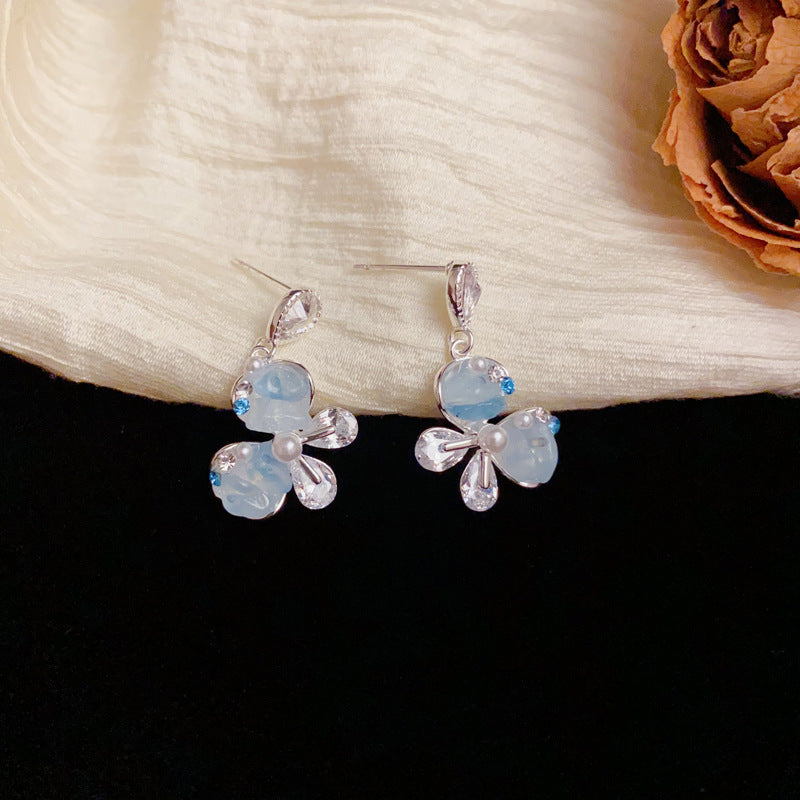 Luxury Blue Crystal Butterfly Drop Sliver Earrings – Elegant Design