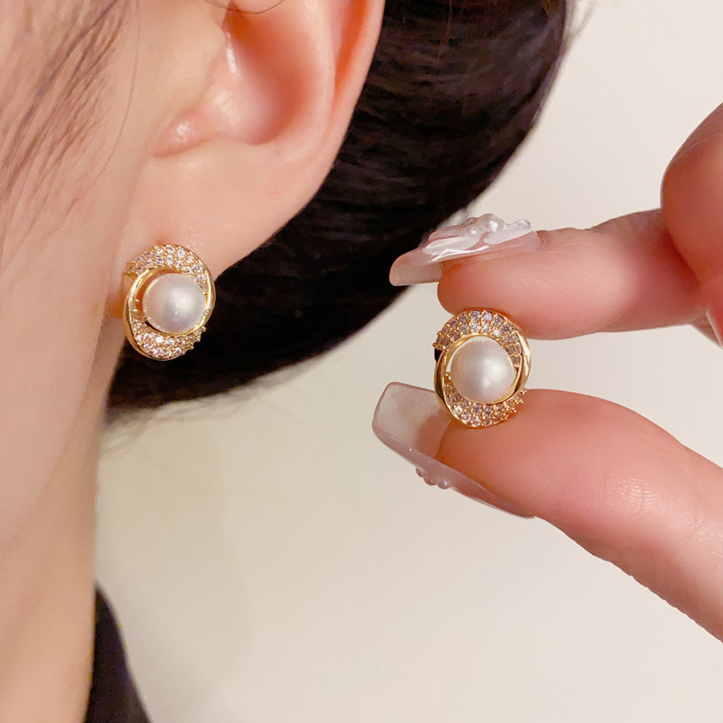 14K Gold-Plated Full Zircon Oval Pearl Stud Earrings – Elegant Sparkle