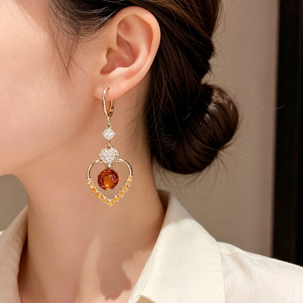 Eaioncol Coffee Gold Heart CZ Tassel Hoop Earrings