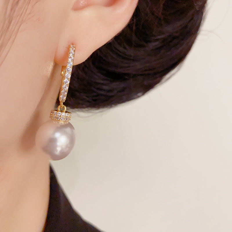 14K Gold-Plated Luxury Zircon & Pearl Drop Earrings – Geometric Design