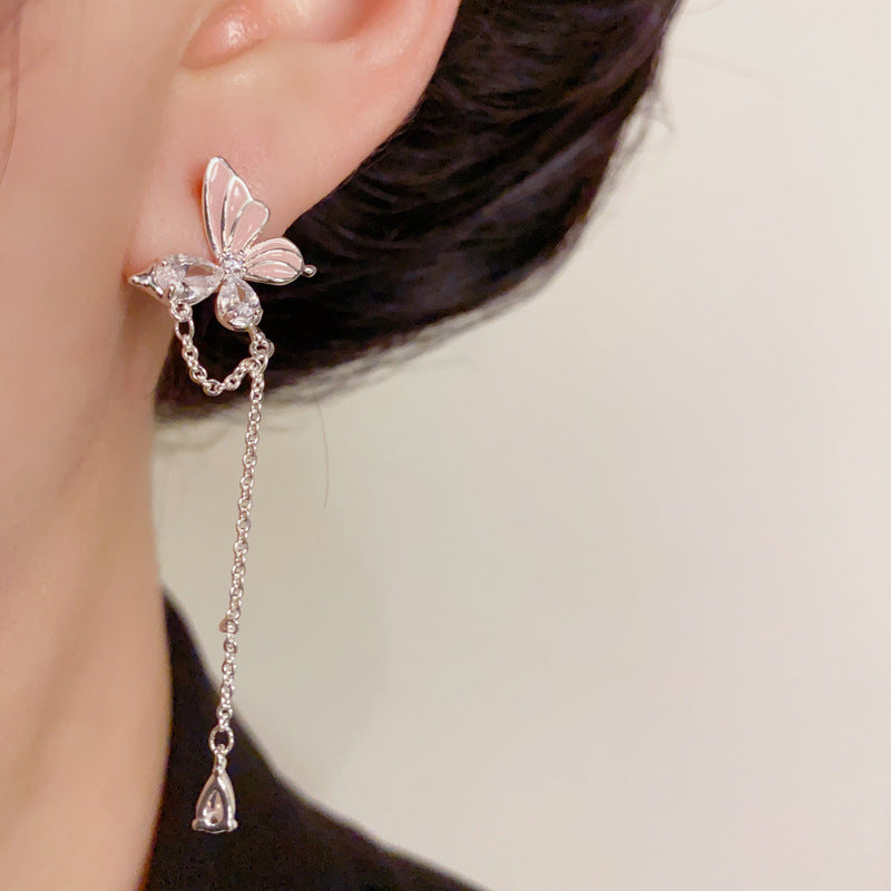14K Gold-Plated Zircon Butterfly Chain Tassel Earrings– Elegant Design