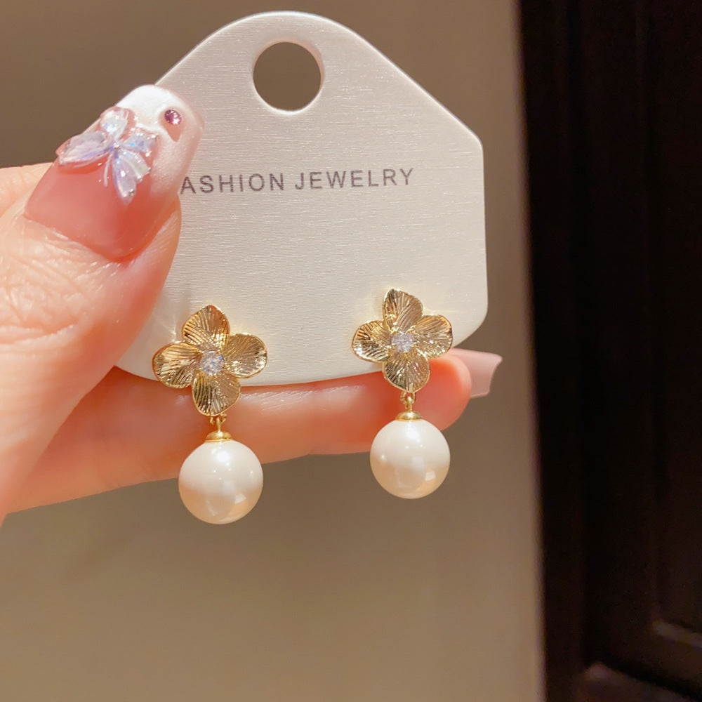 Eaioncol Geometric Petal Pearl Drop Elegant Earrings Gold