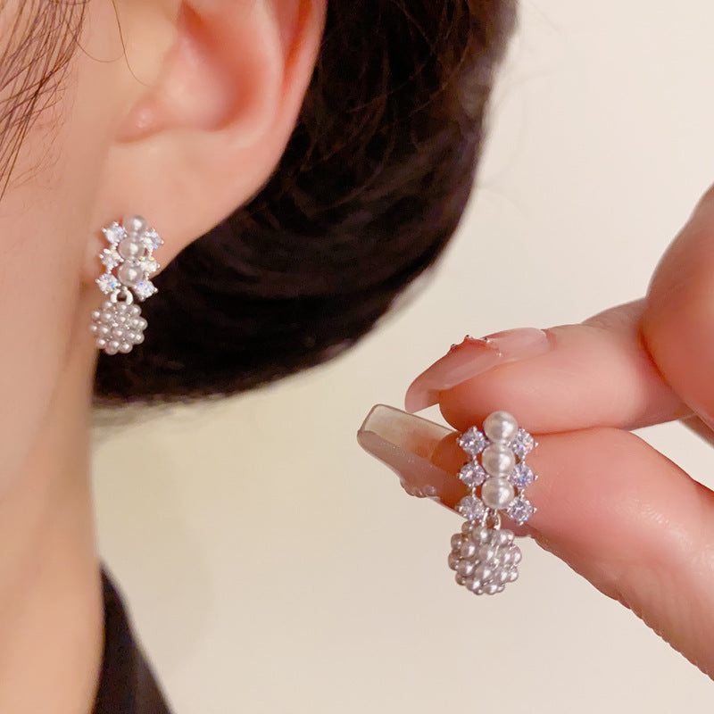 14K Gold Minimalist Zircon & Pearl Ball Stud Earrings – Elegant Design