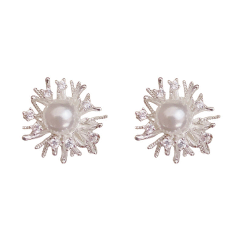 Luxury Zircon Firework & Pearl Stud Earrings – Elegant Floral Design