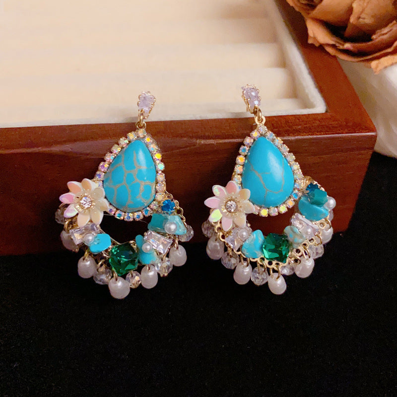 Zircon Flower Droplet Tassel & Pearl Stud Earrings – Elegant Design