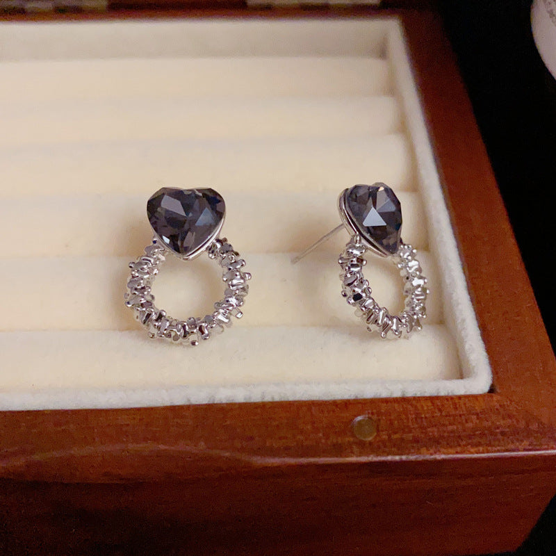 S925 Silver-Plated Black Heart Metal Circle Stud Earrings - French Design