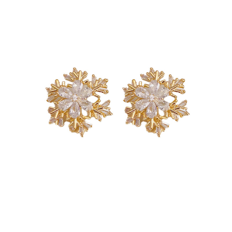 14K Gold-Plated Rotating Zircon Snowflake Stud Earrings-Winter Jewelry