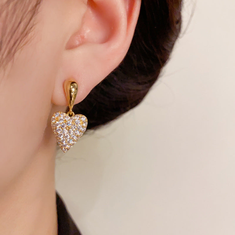 14K Gold-Plated Full Zircon Heart Earring - Elegant Chic Design