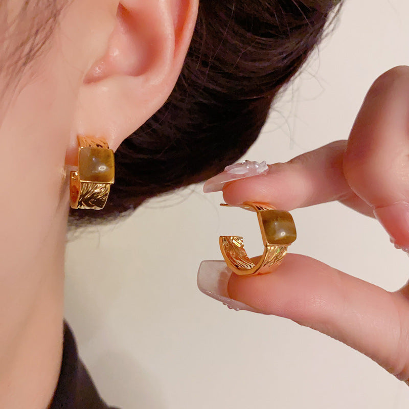 Elegant Tiger's Eye Square Hoop Gold Earrings – Geometric Design