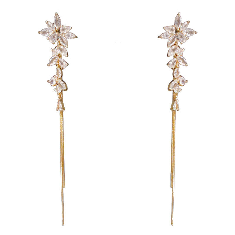 14K Gold Luxury Full-Zircon Leaf Tassel Drop Earrings – Elegant Design