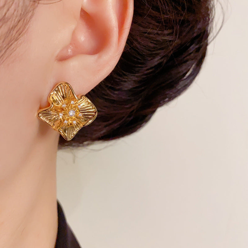 Luxury Zircon Metal Petal Stud Earrings – Floral Design