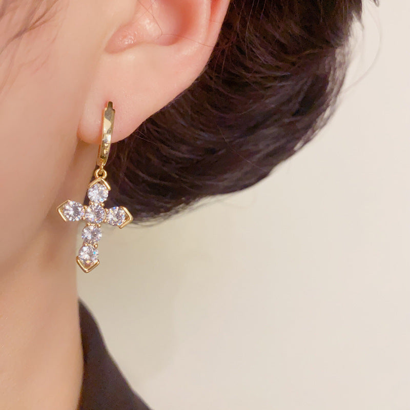 Luxury Full-Zircon Cross Tassel Ear Cuff Earrings – S925 Silver Needle