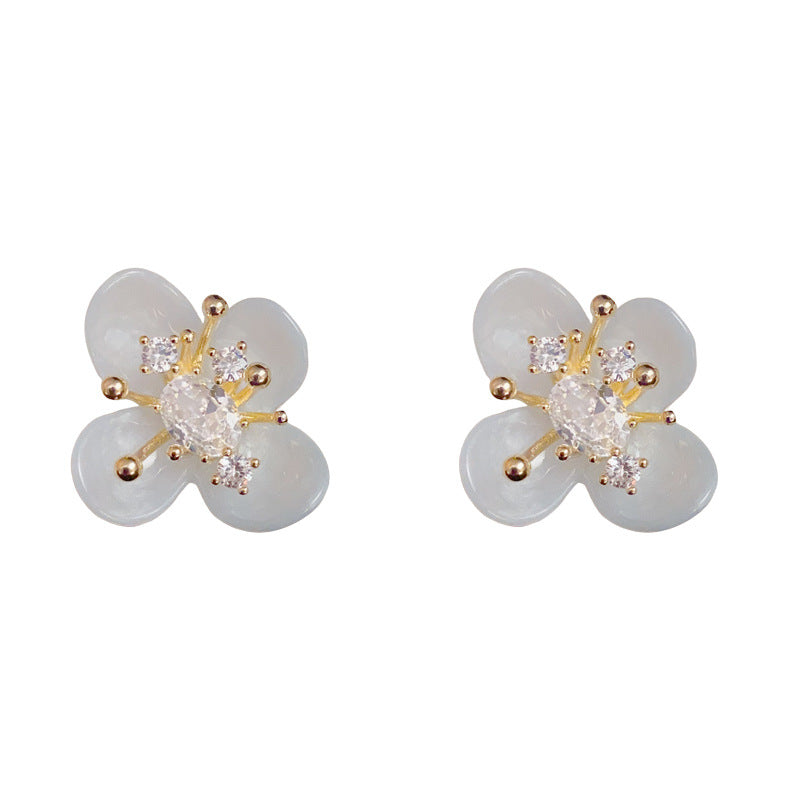 Elegant Blue Zircon Flower Petal Stud Floral Earrings – Silver Needle