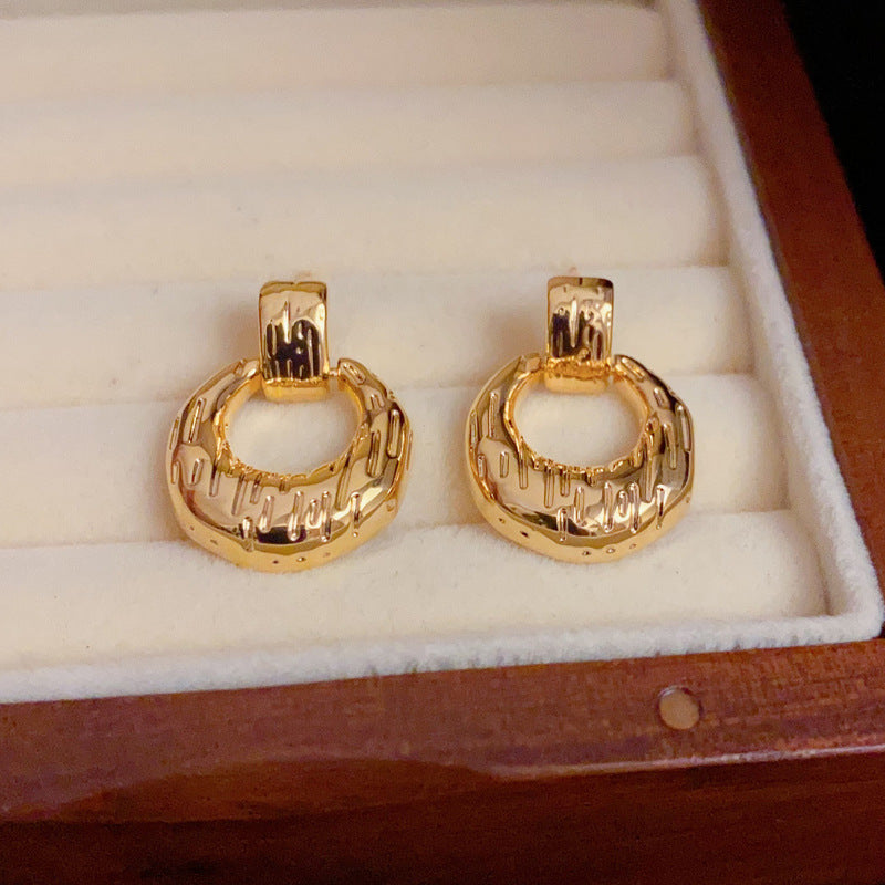 14K Gold-Plated Textured Metal Circle Drop Earrings - Elegant Design
