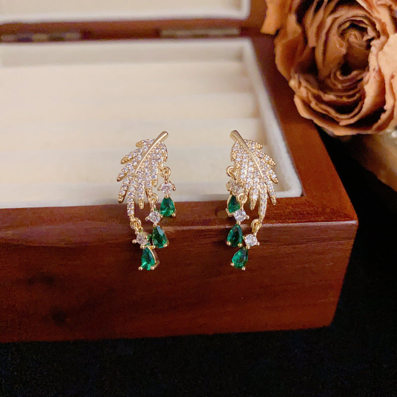 Zircon Leaf & Green Droplet Tassel Drop Gold Earrings – Elegant Design