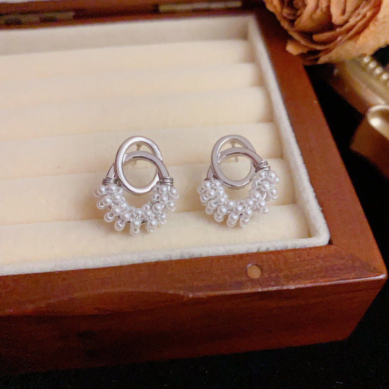 French vintage Pearl Geometric Stud Earrings – Silver Needle Design