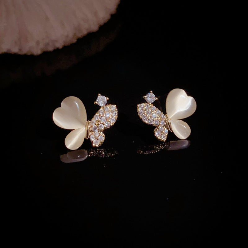 14K Gold Cat's Eye Stone Butterfly Stud Earrings – Sweet & Elegant
