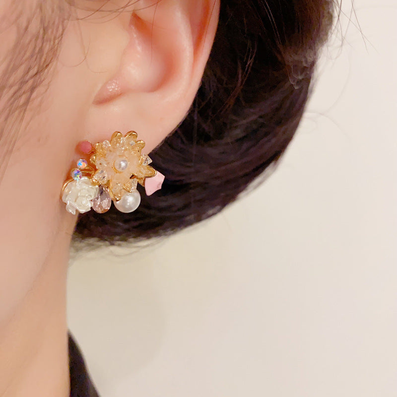 14K Gold Handcrafted Camellia Crystal Stud Earrings – Elegant Design