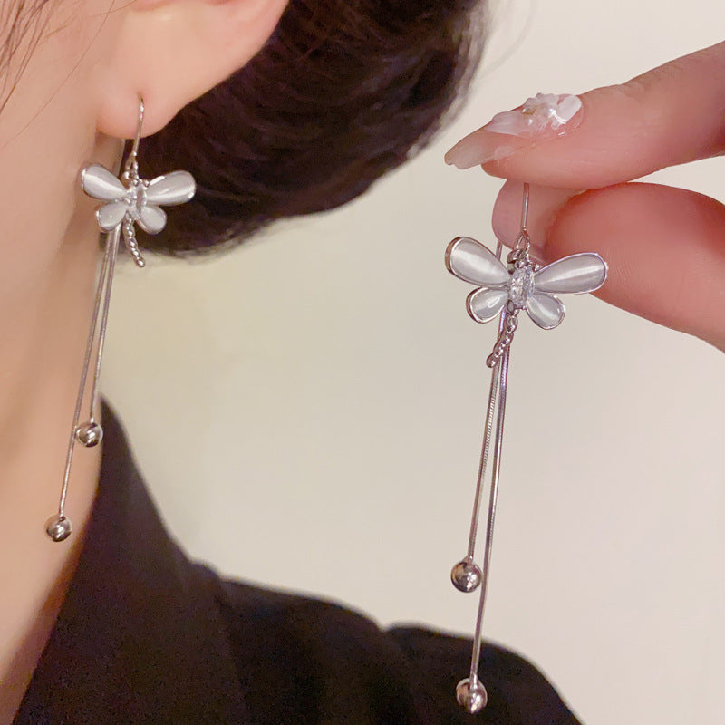 Luxury Zircon Dragonfly Long Tassel Drop Earrings – S925 Silver Needle