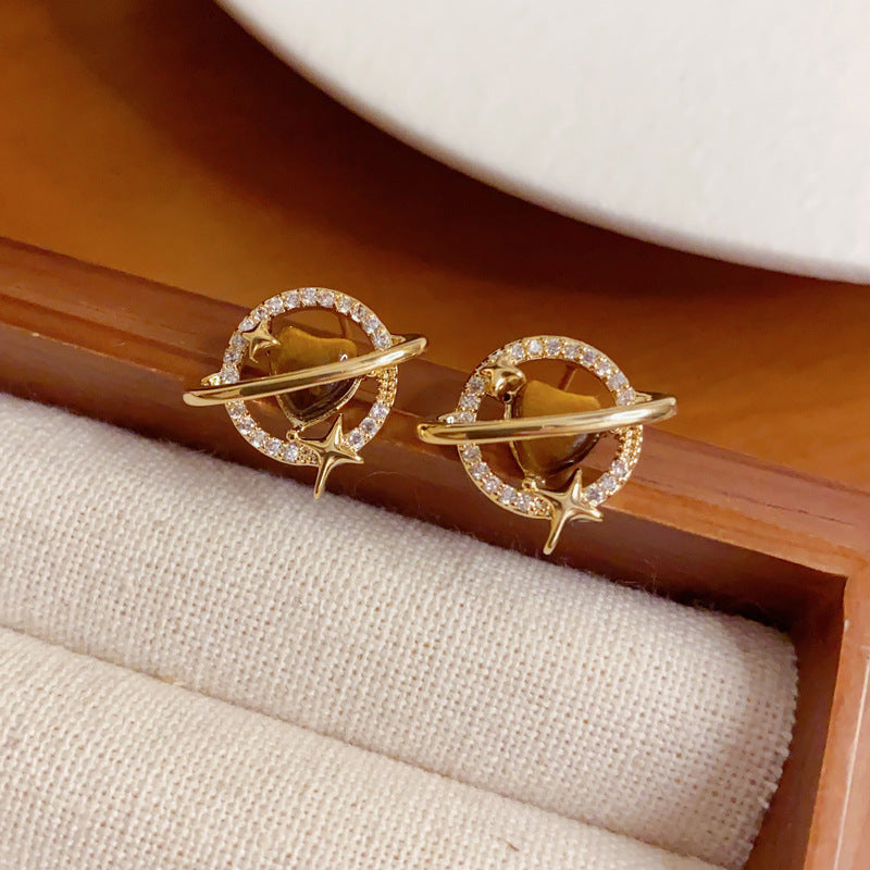 Elegant-tigers-eye-heart-planet-stud-earrings-minimalist-design