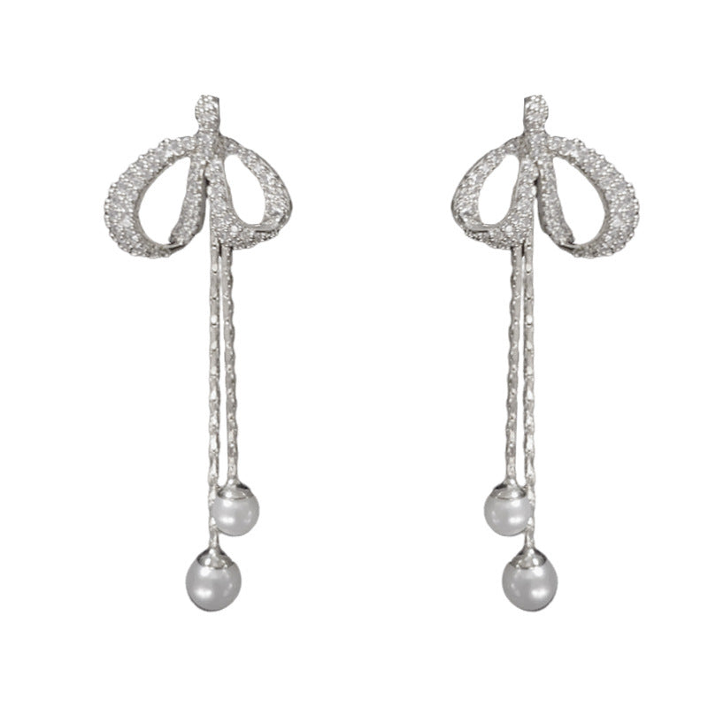 14K Gold-Plated Bow Pearl Tassel Earrings – Pave Zircon Design