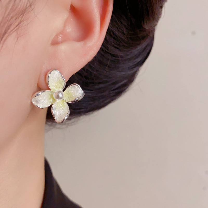 Eaioncol Gradient Flower Pearl Stud Earrings Green