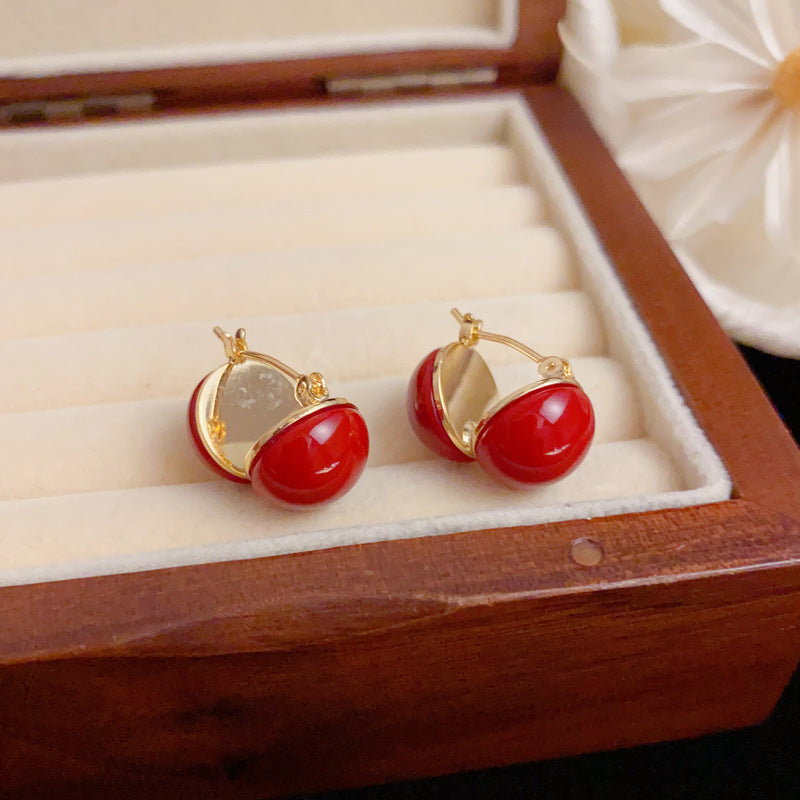 Elegant Red Spherical Ear Cuff Earrings – Geometric Design